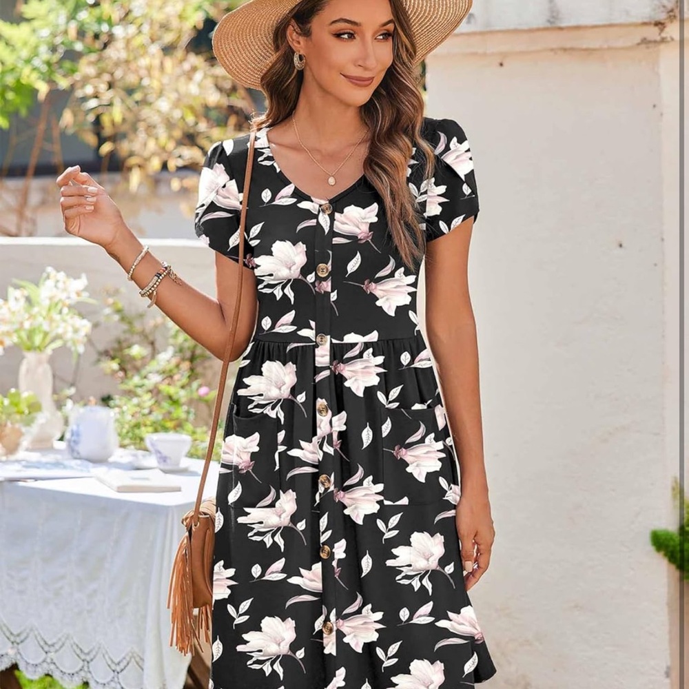 Zeagoo Summer Dress Mini Petal Short Sleeve Dresses Pleated Button Down